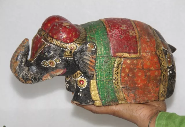 1920's Vintage Hand Carved Rustic Wooden Trunk Up Elephant Figurine Painted