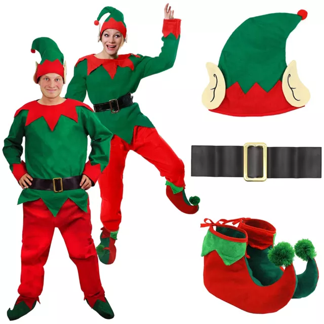 Adult Elf Costume 5 Pc Ladies Mens Christmas Fancy Dress Santa's Helper Xmas