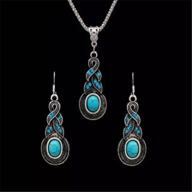 Blue Earrings Crystal Turquoise  Pendant  Silver Tibetan Necklace & Dangle Drop