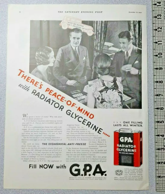 1931 GPA Antifreeze Vintage Print Ad Auto Radiator Glycerine Men Women Card Game