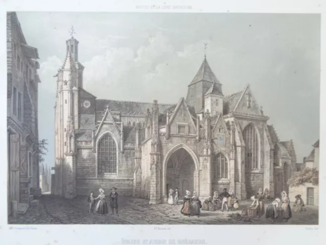 GUERANDE Eglise Saint Aubin BENOIST Lithographie GRANDE GRAVURE ANCIENNE 1850