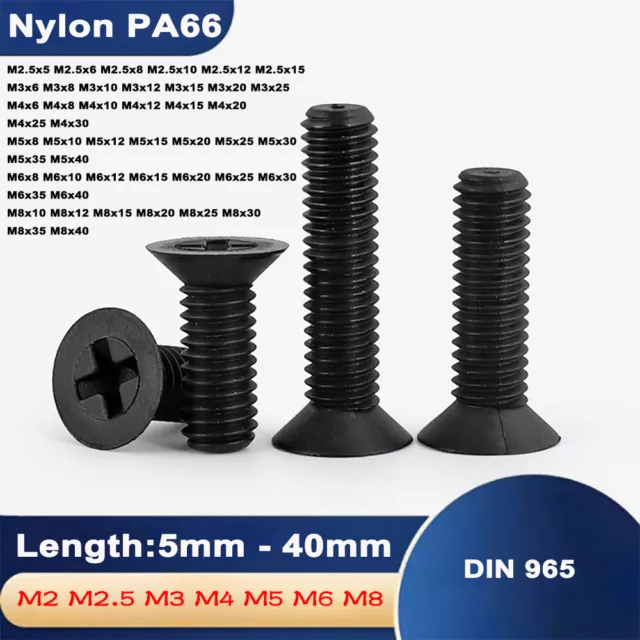 Schwarz Nylon DIN 965 M2.5 M3 M4 - M8 Kunststoff SenkkopfSchrauben Kreuzschlitz