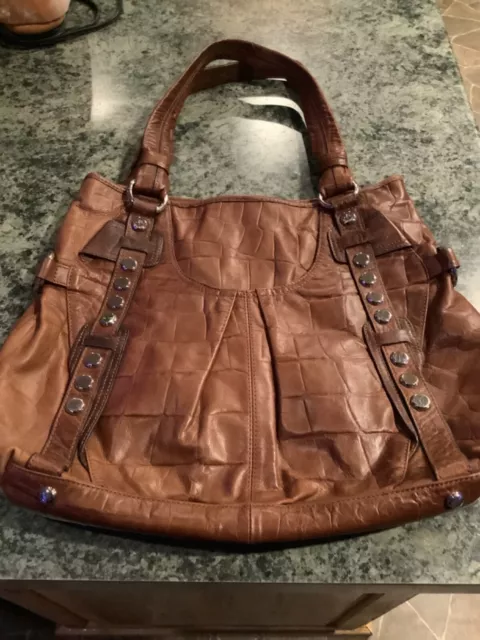 B. Makowsky Croc Embossed Leather Satchel Handbag Bag Camel Brown & Silver Large
