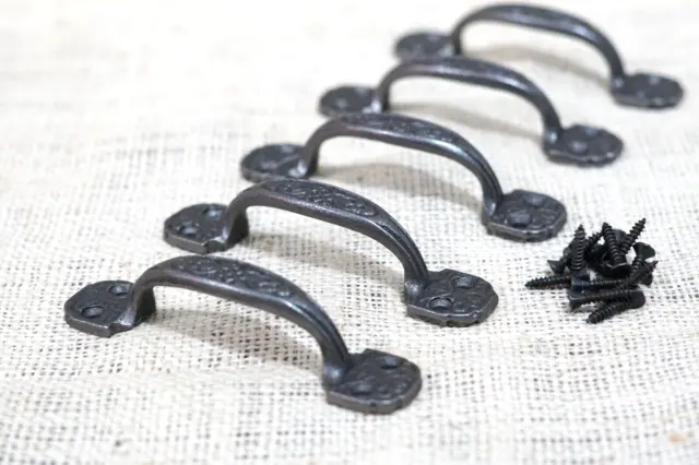 5 Small Drawer Pulls 4 1/4" Window Antique Vintage Style Ornate Rustic Cast Iron