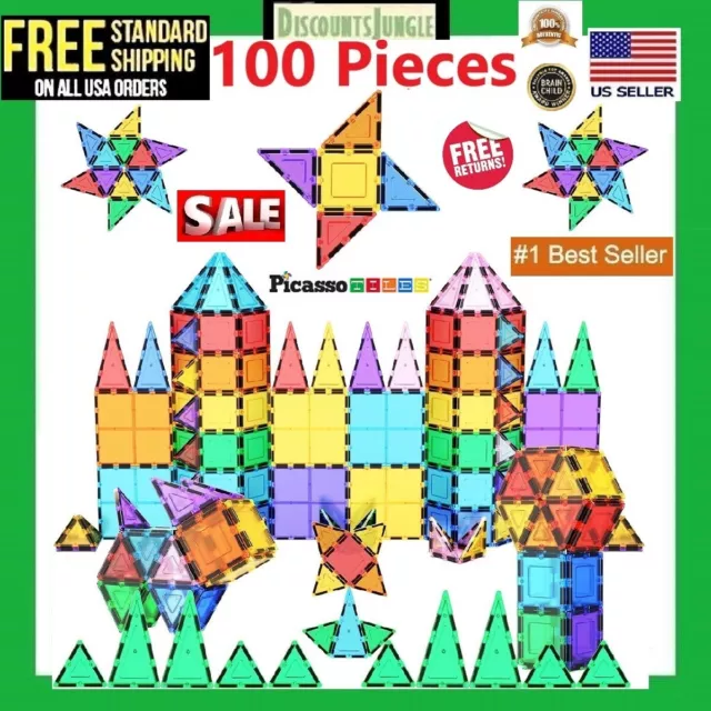 Picasso Tiles PT100 100 Piece 3D Color Magnetic Magnet Building Blocks Tiles Set