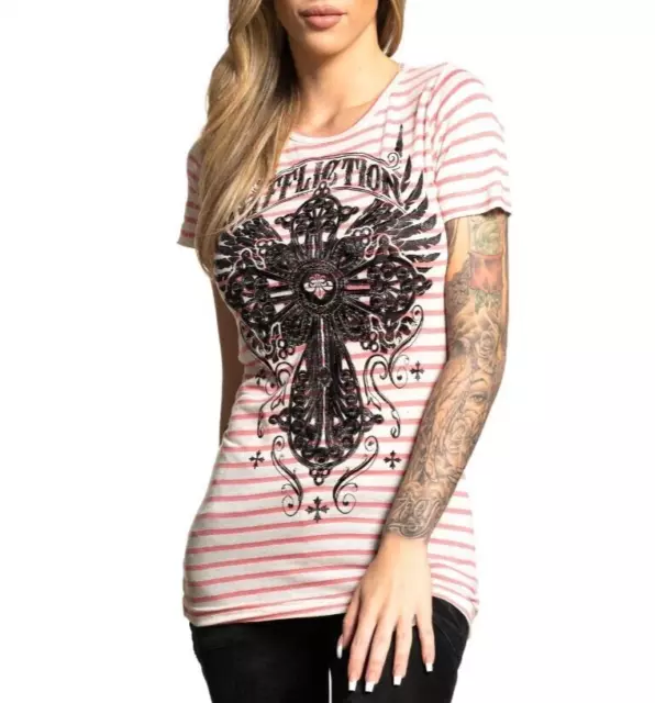 Affliction Women's WESTCHESTER Short Sleeve Coral Stripe T-Shirt SMALL NWT