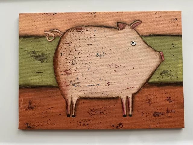 Primitive Folk Art Original Painting Fat Little Pig