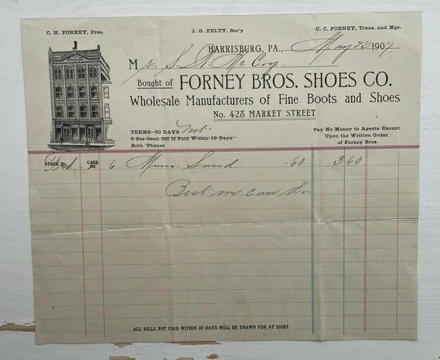 1907 Billhead - Forney Bros Shoes Co - Amazing Image of Building