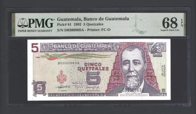 Guatemala 5 Quetzals 16-07-1992 P81 Uncirculated Grade 68 Top Pop