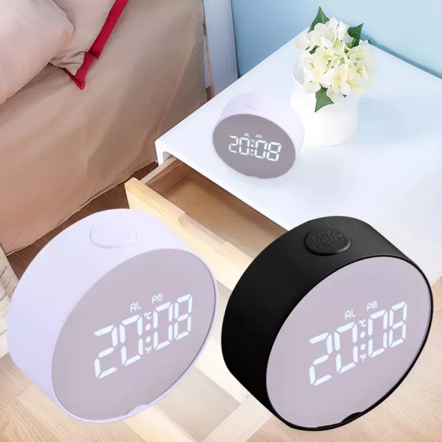 Round LED Digital Alarm Snooze Clock Display Battery Operated USB Cable Acc