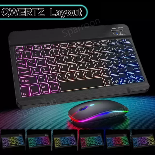 QWERTZ Beleuchtet Bluetooth Tastatur Maus für Windows Tablet iPad Android 9-11"