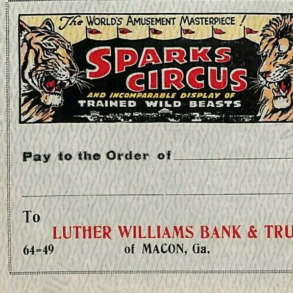 Very Scarce c1920's Sparks Circus Unused Luther Williams Bank Check - Macon, GA
