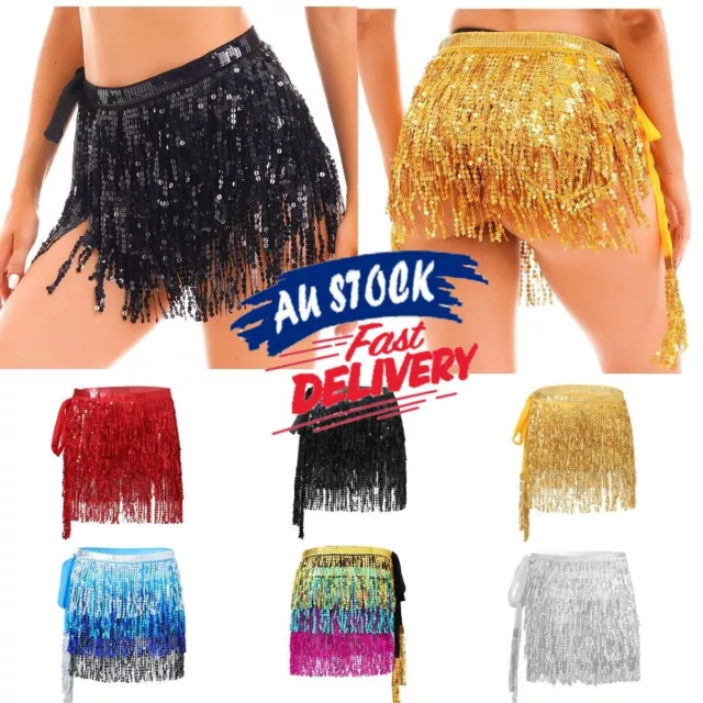 Belly Dance Dancer Costume Sequins Tassel Fringe Hip Scarf Belt Waist Wrap Skirt