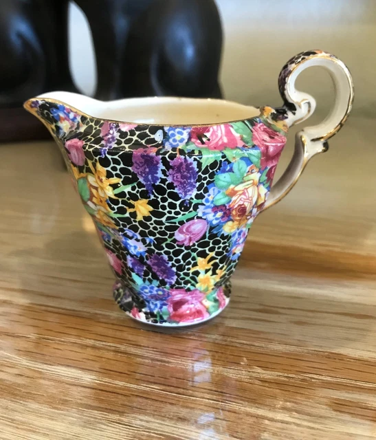 Vintage Royal Winton Grimwades HAZEL Black Floral Chintz STUART Shape Creamer