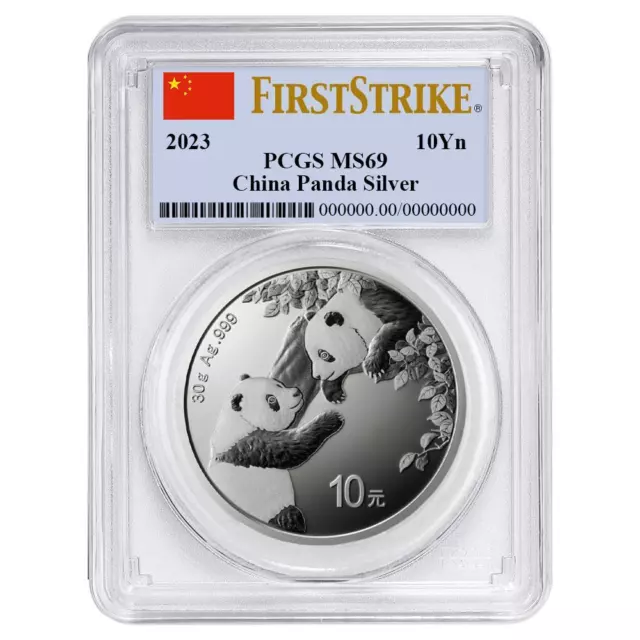 2023 China 30-gm Silver Panda PCGS MS69 First Strike w/Clear Core & Flag Label