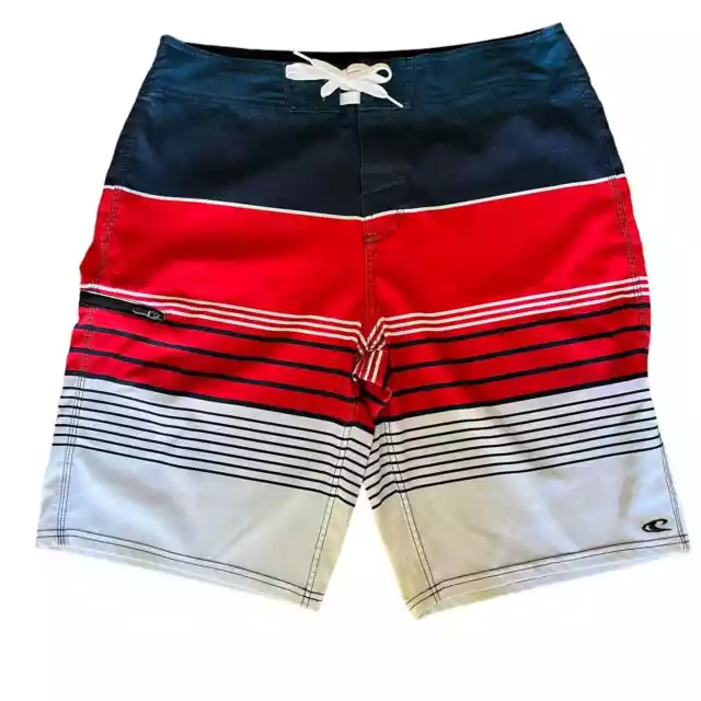 O'Neill Red White Blue Striped Board Shorts Swim Trunks Mens Size 32