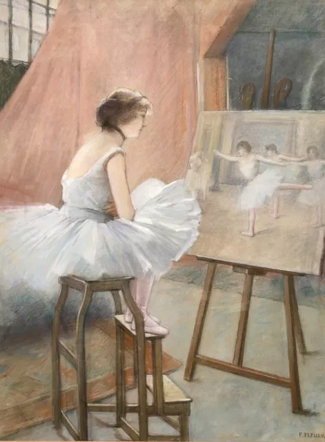 Fanny Fleury (1848-1920) Large Signed French Pastel  Ballerina Admiring Painting