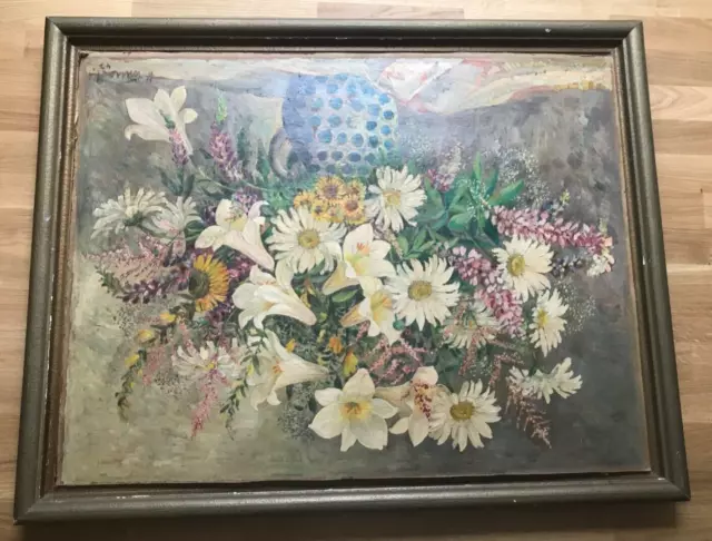 Ölgemälde auf Hartfaserplatte Gera Maler 1947 Stilleben Blumen