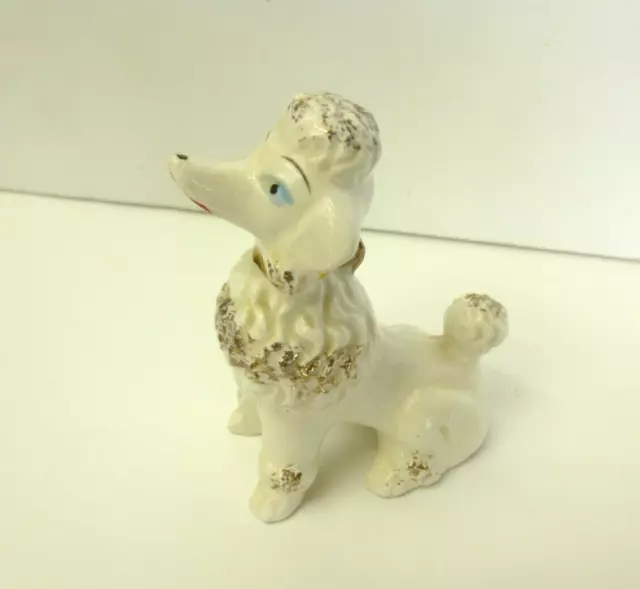 White Vintage Spaghetti Poodle Dog Sitting w/Gold Trim Ex. Cond.