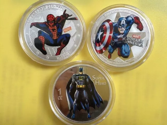 3 x SILVER PLATED COINS BATMAN + CAPTAIN AMERICA + SPIDERMAN MARVEL SUPER HEROES