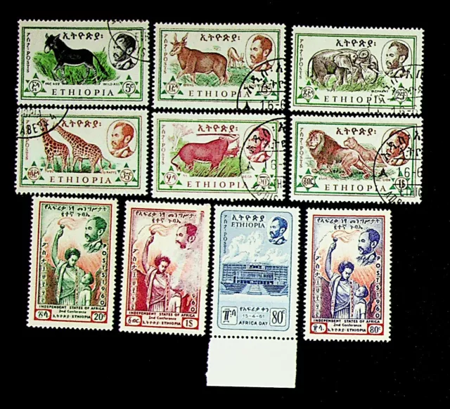 ETHIOPIA AFRICA DAY INDEPENDENCE STATE OF AFRICA ANIMALS 10v MINT+USED STAMPS