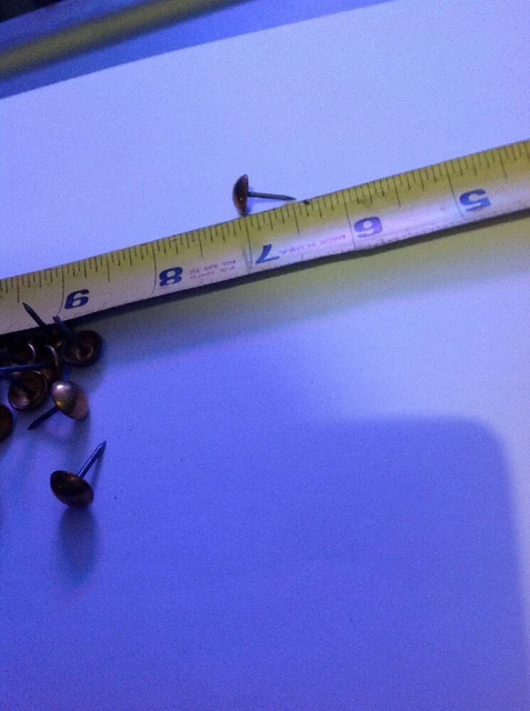 50 old BRASS COLOR TACKS 9/16” Long  head nails vintage upholstery gilt steel 2
