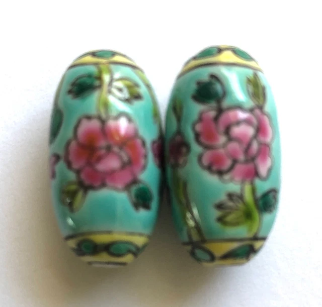 Vintage Famille Rose Chinese Enamel Beads Turquoise  Porcelain Flowers 1”