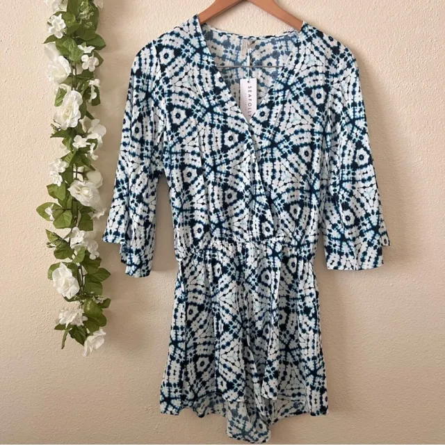 $162NWT SIZE XS Seafolly Blue Shibori Abstract Playsuit Romper Swimsuit Cover Up