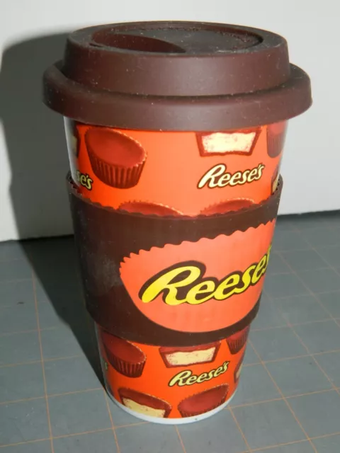 NEW Reeses Peanut Butter Cup Travel Mug Ceramic Silicone Grip Lid Galerie Coffee