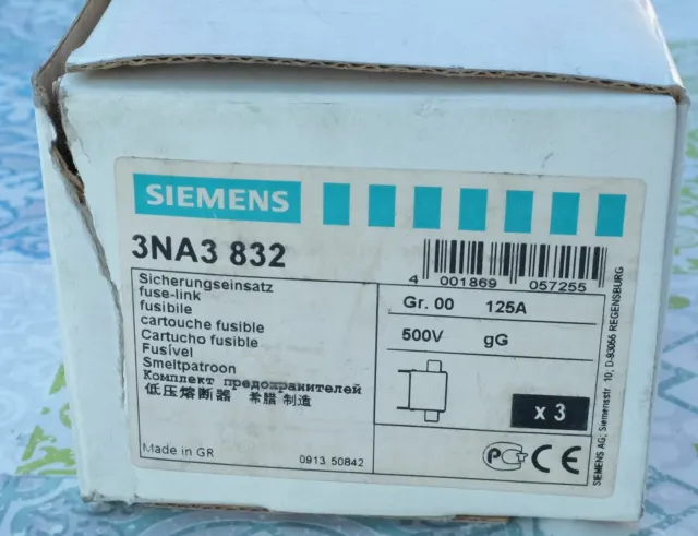 3X Siemens 3NA3832 fusible 125A taille 00 gG NH 500V Lot de 3 3