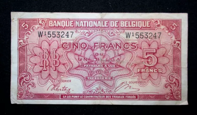 Old Banknote Of Belgium 5 Francs 1943 World War Ii