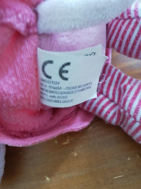 Doudou Peluche Nicotoy Simba Souris Blanc Robe Rose Noeud Fleur Rayé 3