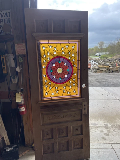 AN712 amazing Antique Stained Glass Carved entrance door 31 5/8x 82.75 X1.75