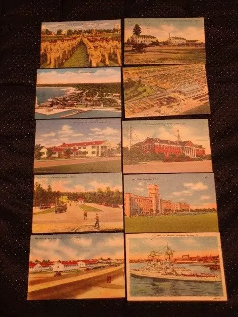 Vintage Lot of 10 WWII US Army & Navy Bases Color Postcards FL, GA, SC & VA