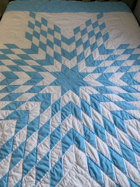 Vintage Quilt Lone Star 75x88 Blue White Hand Quilted (s2)