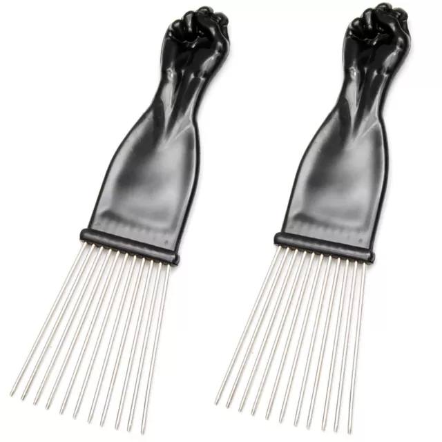 Afro Pick Comb (2 Pcs) 7" Black Fist Metal Lift Hair Detangle Wig Braid