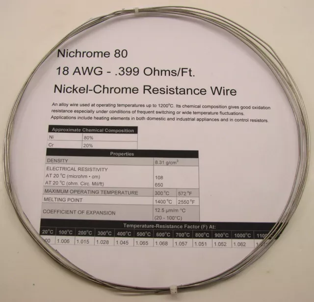 10' Nichrome - 80 Nickel-Chrome Resistance Wire 18 AWG - .399 Ohms/Ft. .040 Dia.