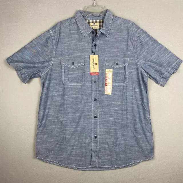 NEW Woolrich Size XL Mens Button Up Chambray Shirt Short Sleeve Blue Pockets