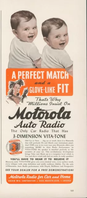 1941 Motorola Auto Radio 3D Vita-Tone Twins Babies Glove Fit Vintage Print Ad L4