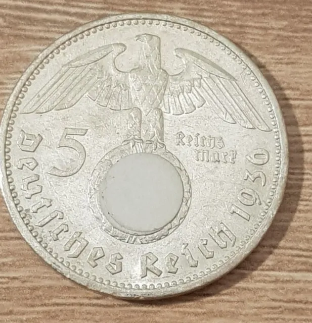 5 Reichsmark Deutsches Reich Hindenburg 1936-1939 mit Hakenkreuz  Silbermünze
