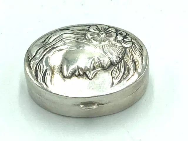 Tolle antik Jugendstil Pillendose 925er Sterling Silber mit Frauenkopf Relief 2