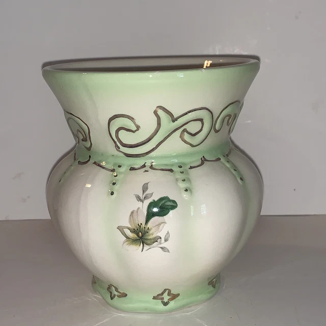 VTG Hand Painted Gold Trim Ceramic Vase Magnolia Flowers 4 1/2” Tall