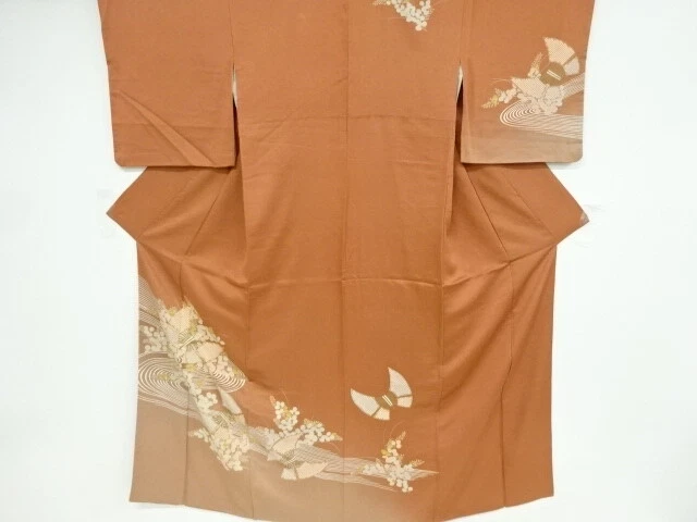 42730# Japanese Kimono / Antique Kimono / Embroidery / Fan With Butterfly &