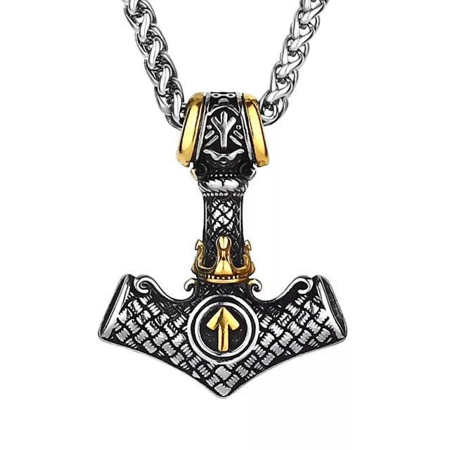 Gold Plated Viking Thors Hammer Valknut Mjolnir Pendant Necklace Mens Jewelry