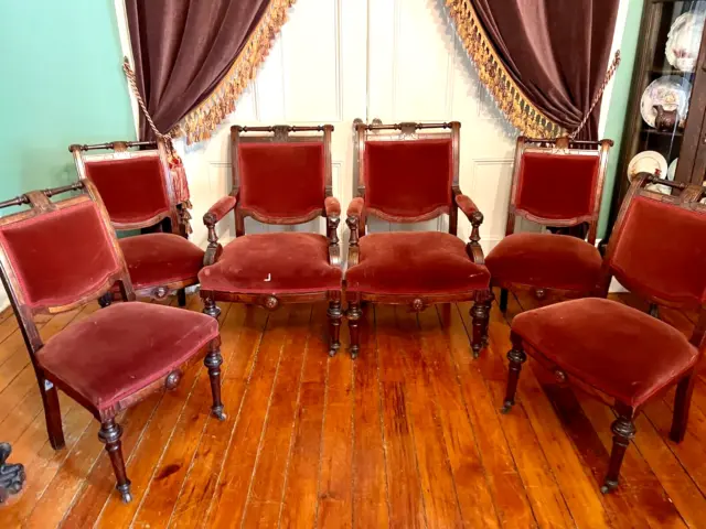 Antique Set 6 Velvet Victorian Renaissance Revival Dining Chairs
