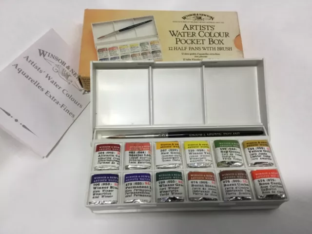 Vintage Winsor & Newton Artist Water Colour Pocket box 12 Half Pans and brush