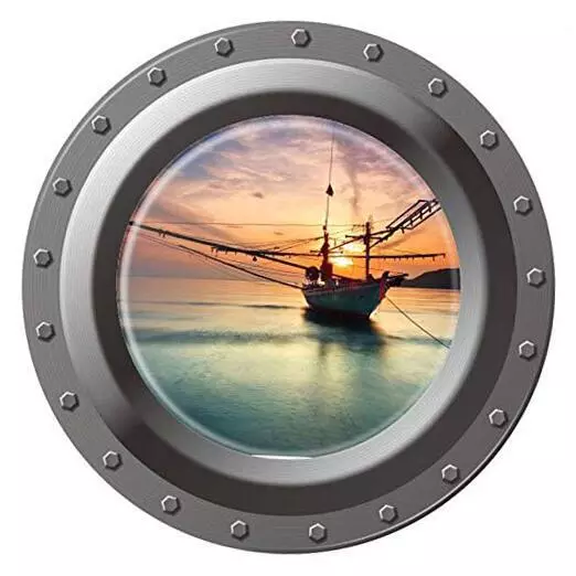 3D High Definition Faux Submarine Porthole View Ship Boat on The Sea Sunrise