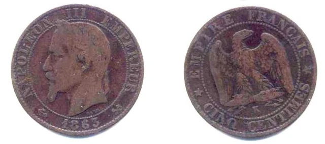 + Napoleon Iii Tete Lauree . 5 Centimes 1863 . K . Bordeaux .