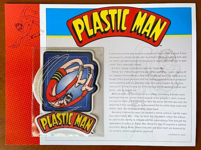 PLASTIC MAN PATCH on INFO CARD ~ Willabee & Ward ~ DC COMICS PATCH COLLECTION