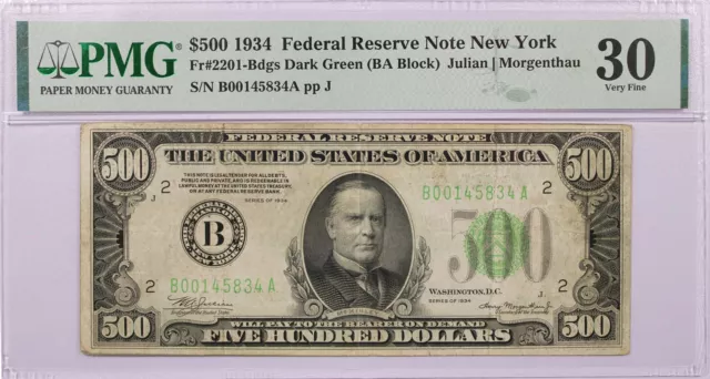 Series Of 1934 $500 Bill FRN New York Fr#2201-Bdgs PMG Very Fine 30